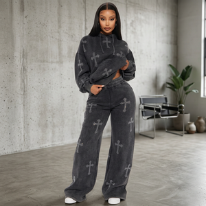 Women's Pink Cross Printed Fleece Hoodie Set Full Sleeve Loose Fit Streetwear Two Piece Outfit All Seasons - Product Image 2