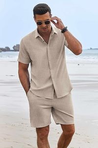 Ensemble chemise et short décontracté pour homme, col rond, beige, manches courtes, imprimé respirant, vêtements d'été légers, coupe classique - Product Image 2