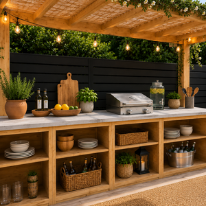 Pérgola de Lujo para Exteriores con Cocina y Barra, Estantes de Almacenamiento, Estación de Entretenimiento Moderna de Madera para Jardín con Encimera - Product Image 4