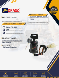 Interruptor de encendido con cerradura para Bajaj Caliber, modelo antiguo, calidad de exportación para repuestos de motocicletas, India, Orado. - Product Image 2