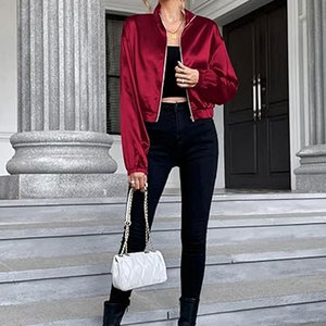 <b>Womens</b> Winter Sheep Skin Satin Bomber <b>Jacket</b> Custom Wholesale Long Sleeve Single Button Outerwear Custom Colors Sizes for - Product Image 4