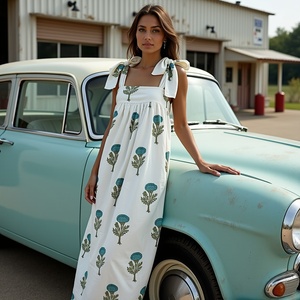 Vestido Maxi sin mangas bohemio para mujer con forro azul caléndula estampado floral tela de algodón transpirable - Product Image 2