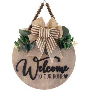 Insegna di Benvenuto 3D Chris per Porta d'Ingresso, Decorazione Murale in Legno Fatta a Mano, Perline Rustiche e Foglie Artificiali per Casa, Fattoria, Portico - Product Image 1