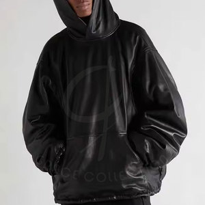 Conception personnalisée OEM, sweat-shirts à capuche en cuir véritable pour hommes, hiver, couleur unie, poches avant, 100% cuir, manches longues, décontracté, respectueux de l'environnement - Product Image 2