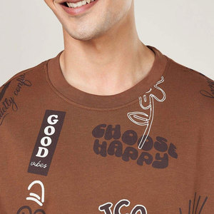 เสื้อยืดคอกลมแขนสั้นสีน้ำตาลทรงโอเวอร์ไซส์สำหรับผู้ชาย พิมพ์ลายตัวอักษร สไตล์สตรีท ผ้าคอตตอนเจอร์ซีย์ ทรงพอดีตัว - Product Image 6