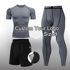 Mens Compression Set Short Sleeve T Shirt <b>Leggings</b> Shorts 3PCS Gym Workout Running Training Suit Custom Logo Heavyweight Apparel - Product Image 6