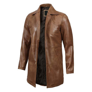 Abrigo Largo de Cuero Genuino Marrón para Hombre con Cierre de Botones, Cuello Camisero, Resistente al Viento, Chaqueta Casual de Otoño - Product Image 1