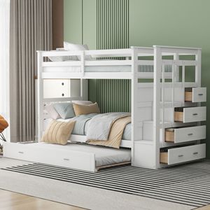 Letto a castello bianco a due piazze con letto estraibile e scaletta per bambini - Vecchio SKU LT000068AAK - Product Image 1