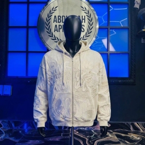Sudadera con capucha y cremallera para hombre, estilo hip hop, con estampado de letras en relieve, estilo streetwear, color crema, con bolsillo. - Product Image 4