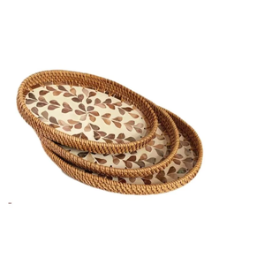 Bandeja de ratán y nácar para almacenamiento y organización, diseño con borde de ratán, hecha a mano, bandeja de ratán y nácar para servir té de la tarde - Product Image 1
