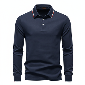 Polo de Manga Larga para Hombre con Logotipo Personalizado, Corte Ajustado Informal, Algodón Piqué Transpirable, Cuello con Ribete en Color de Contraste, Tallas Grandes - Product Image 5