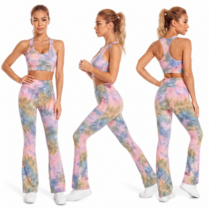 Women's Tie Dye Yoga Set Racerback Crop <b>Top</b> High Waist Flare <b>Leggings</b> 2 Piece Spandex Polyester Workout Wear Bra & <b>Leggings</b> Set - Product Image 5