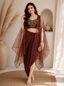 Women Brown Embroidered Crop <b>Top</b> With <b>Net</b> Dupatta Traditional Indian Pakistani Wedding Wear - Product Image 1