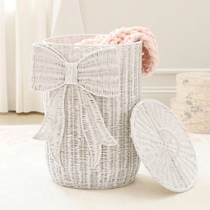 Elegant White Woven Rattan <b>Laundry</b> <b>Basket</b> with Lid Large <b>Wicker</b> Clothes Hamper with Bowknot for Girls Bedroom - Product Image 2
