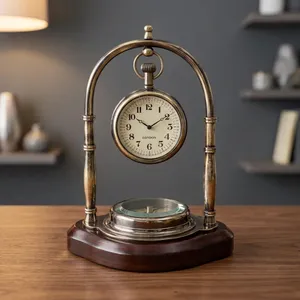Reloj de Escritorio Náutico Vintage con Brújula sobre Base de Madera, Reloj de Mesa Colgante de Metal Antiguo, Decoración Clásica Marítima para Oficina - Product Image 4