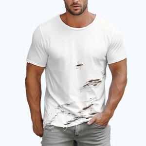 Camiseta de Hombre Personalizada al por Mayor, Estilo Vintage, Lavado Desgastado, Rota, de Gran Gramaje, con Efecto de Capas, Estilo Grunge Streetwear, con Agujeros - Product Image 4