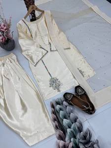 InCotton.M Kurta Farshi Palazzo Tradicional Indio de Crepé Natural con Bordado de Lentejuelas, Estilo Fiesta, Sin Arrugas, de Tela Suave - Product Image 2