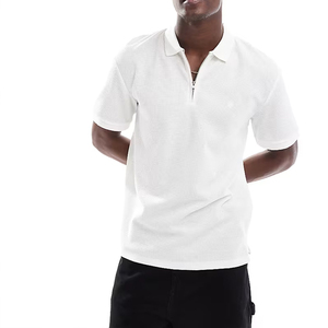 Polo piqué blanc à manches courtes pour homme, fermeture éclair, coupe décontractée, 100 % coton, respirant, tricoté, design uni - Product Image 3