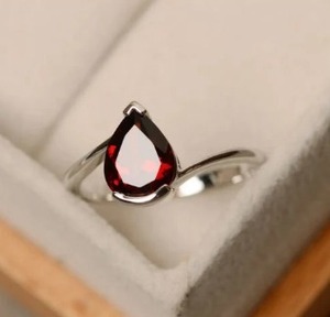 Rhaya Jewels Classic Rhodium Plated 925 Sterling <b>Silver</b> Pear Cut Garnet <b>Solitaire</b> <b>Ring</b> Prong Setting Dainty Trendy Micro Insert - Product Image 2