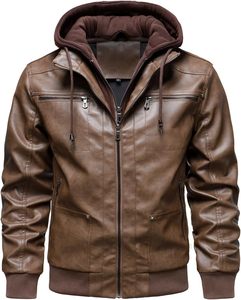 Veste de moto en cuir PU marron pour homme, à capuche, fermeture éclair sur le devant, couleur unie, style automne, manches régulières - Product Image 1