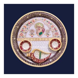 Handmade <b>Polished</b> White Makrana Stone Rajasthani Gold Painting Design <b>Marble</b> Pooja Thali with Diya Sets for Business or Gift - Product Image 2