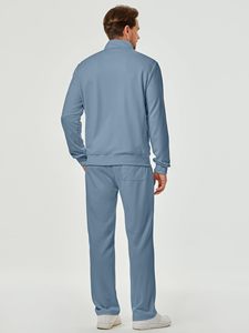 Ensemble de survêtement décontracté 2 pièces pour homme, bleu clair, hiver, avec fermeture éclair intégrale, col montant, couleur unie, respirant, en polyester - Product Image 3