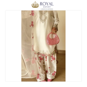 Wholesale Exporter Selling Standard Quality Indian Clothing Women Japan Satin <b>Material</b> with Embroidery Work Farshi Suit Set - Product Image 6