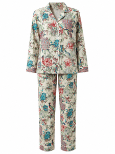Women's Luxury Cotton Sleepwear Set Floral Bird Print <b>Button</b> <b>Front</b> Pajama Premium Nightwear Collection - Product Image 3