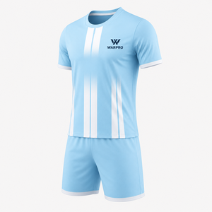 Warpro Men's <b>Light</b> Blue Striped Soccer Jersey Shorts Set Crew <b>Neck</b> Short Sleeve Moisture Wicking Athletic Fit Full Kit - Product Image 2