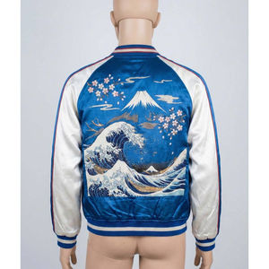 Chaqueta Varsity Sukajan Azul Satinado, Estilo Japonés, Bordado Vintage, Parches de Lona, Invierno, Ecológica, Transpirable, Unisex - Product Image 3