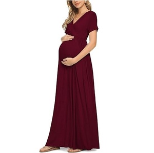 Vestido de Maternidad de Verano Personalizado con MOQ Bajo, Tallas Grandes, Color Granate, Cuello Redondo, de Gasa, con Sujetador Incorporado, para Mujer - Product Image 4
