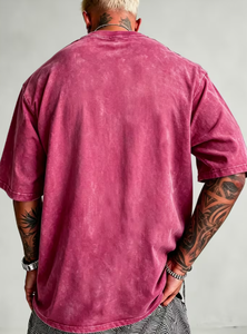 T-shirt vintage rose à manches courtes en maille pour homme, coupe oversize, col rond, couleur unie, style décontracté, effet délavé - Product Image 2