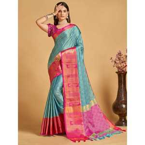 SAREE DE TRAVAIL À LA MODE EN SOIE DOUCE IMPRIMÉ ZARI AVEC CHEMISIER INCOSÉ CIEL - Product Image 1