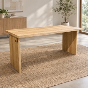 Table à manger minimaliste en chêne massif, design moderne, mobilier de maison, 6 places, avec crochet métallique, finition naturelle, modèle TAB3 - Product Image 1