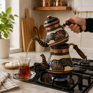Juego de Tetera de Cobre Hecho a Mano, Pintado con Esmalte, Estilo Medio Oriente, con Asa de Madera, Tetera Duradera, Juegos de Café y Té - Product Image 5
