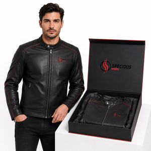 Veste en cuir PU noire pour homme, style sportif, avec surpiqûres rouges, col montant, fermeture éclair, coupe ajustée, logo frontal - Product Image 6