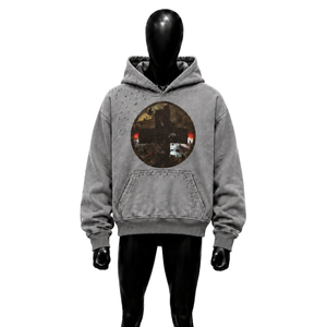 Sudadera con capucha plateada vintage al por mayor, diseño de estampado circular, bolsillo frontal, ropa casual de otoño, estilo urbano, jersey de tejido grueso - Product Image 1