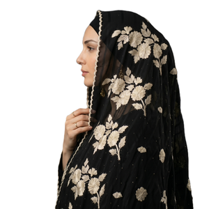 Women's <b>Black</b> Chiffon Hijab Scarf Floral Embroidered Lightweight Breathable Ethnic Shawl <b>Wrap</b> Elegant Daily Wear - Product Image 1