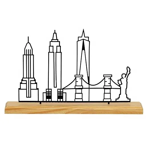 Metal High Rise City Showpiece on Wood Base Wire Art Office Desktop Sculpture Decorative Table Home Decor for Living Room