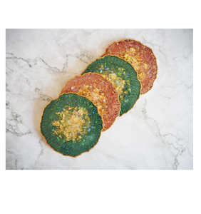 Luxury Style Resin <b>Coasters</b> <b>Drink</b> Use 4 Pieces Green & Orange Color Gold Glitter Design Round Flower <b>Coaster</b> - Product Image 1