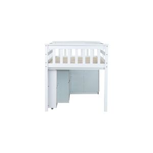 Letto a soppalco singolo in legno di gomma con armadio contenitore e scrivania estraibile, letti per bambini con sponda di sicurezza - Product Image 1