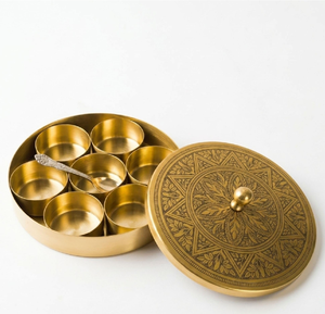 Premium Quality Brass Spice <b>Box</b> 7-Compartment With Spoon Round Brass Spice <b>Box</b> Wholesale Price - Product Image 1