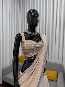 Lehenga Sari beige en faux georgette avec broderie de fils et de sequins, tenue ethnique pour femmes pour les mariages et les fêtes - Product Image 6