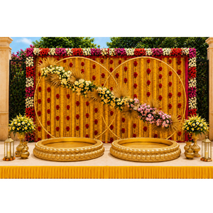 Decoración Vibrante para la Ceremonia Haldi: Preparación Pre-Ritual con Tradicional Tazón Urli Dorado para Eventos Haldi, Accesorios Decorativos - Product Image 1