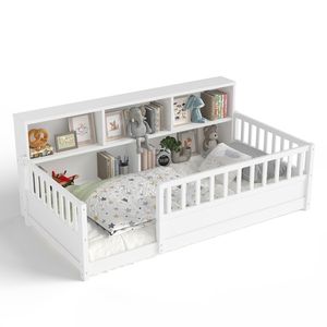 Letto singolo in legno bianco per bambini con sponda a recinzione e contenitore laterale, funzione decorativa - Product Image 4