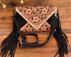 Wholesale Hand Tooled <b>Suede</b> Leather Crossbody Fringe Envelope <b>Bags</b> Western Genuine Leather Floral Carved Bohemian Shoulder Purse - Product Image 3