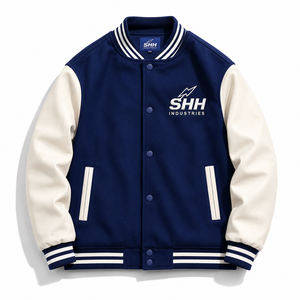 Premium Navy Cream Letterman <b>Bomber</b> with Contrast Sleeves Embroidered Chest Logo Striped Rib Trim Snap Front Unisex College - Product Image 1