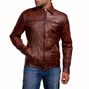 Unisex <b>Brown</b> Genuine <b>Leather</b> <b>Jacket</b> Slim Fit Turn-down Collar Zipper Closure Casual Autumn Wear Waterproof Breathable Windproof - Product Image 4