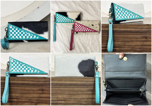 Premium Quality Luxury Turquoise & White Checkered Hair on Genuine Leather Women Clutch Card & Cash Holder Daily Use <b>Wallet</b> - Product Image 3