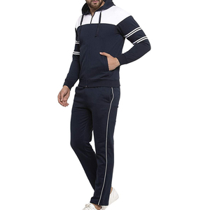 Men's Navy White Color Block Hooded <b>Tracksuit</b> Full Zip Casual Sweatshirt Pants Set Regular Fit Side Pockets Autumn Wear - Product Image 3